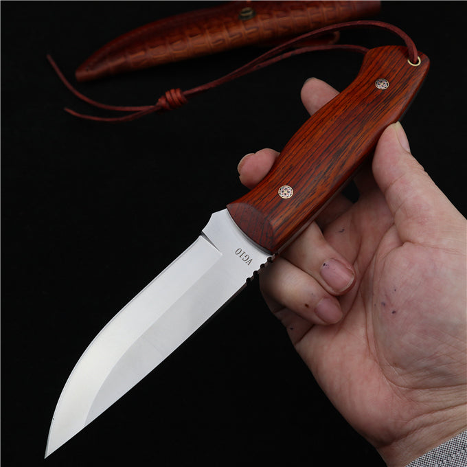 MASALONG Outdoor hunting camping straight knife kni196, ultra-hard VG10 steel blade, rosewood handle, carved tanned leather