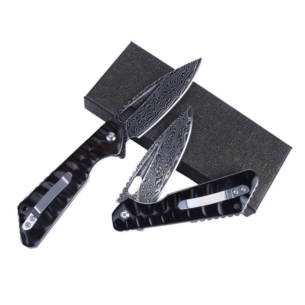 MASALONG Titan Damascus Blade faca tática dobrável, cabo especial de ébano preto EDC kni246