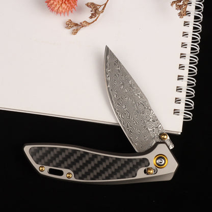 Navaja de bolsillo Masalong Kni256, navajas plegables EDC, hoja de Damasco VG10 de 3,77", mango de acero de aleación de fibra de carbono para supervivencia táctica al aire libre