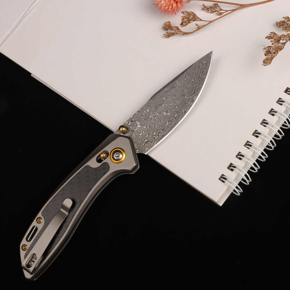 Navaja de bolsillo Masalong Kni256, navajas plegables EDC, hoja de Damasco VG10 de 3,77", mango de acero de aleación de fibra de carbono para supervivencia táctica al aire libre