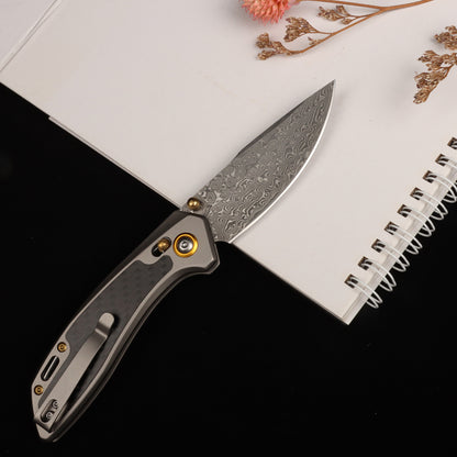 Navaja de bolsillo Masalong Kni256, navajas plegables EDC, hoja de Damasco VG10 de 3,77", mango de acero de aleación de fibra de carbono para supervivencia táctica al aire libre